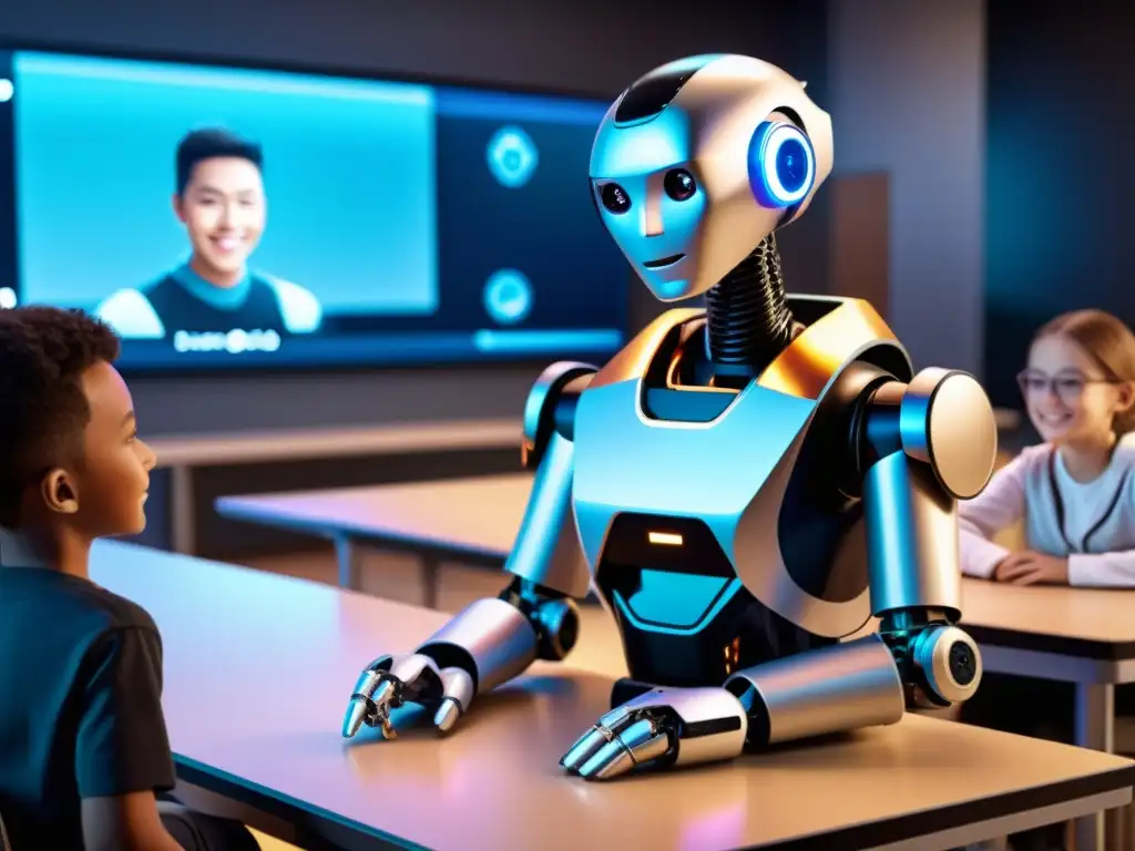 Robot interactúa con estudiantes en aula futurista, impacto robótica educación horizonte pedagógico