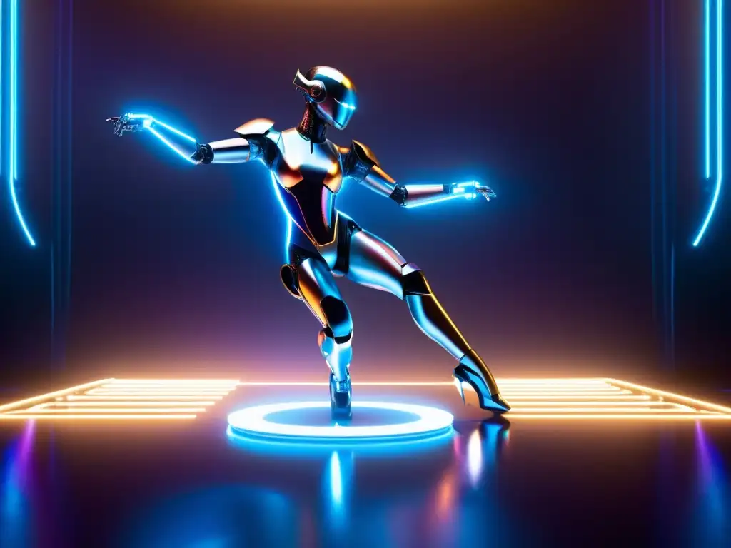 Un robot futurista y una bailarina se integran en un escenario tecnológico, reflejando la integración de danza y robótica