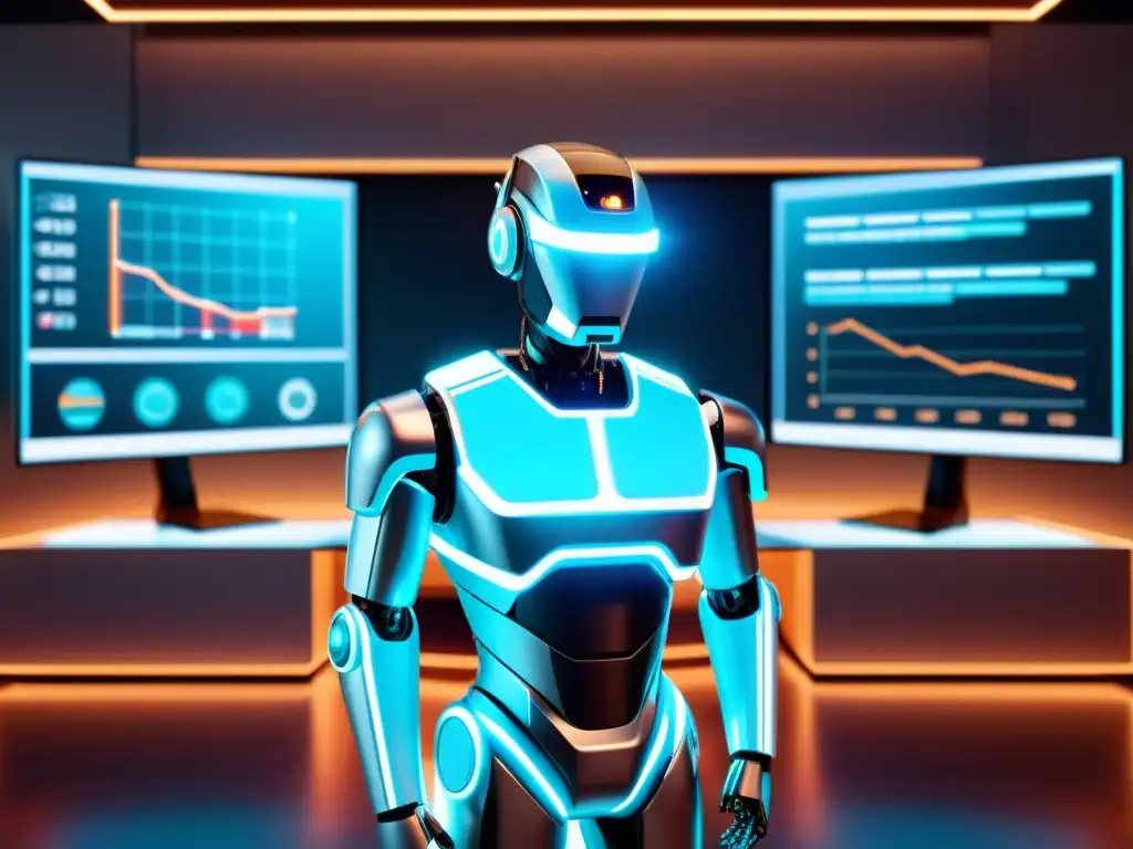 Robot AI futurista generando estrategias de marketing en entorno high-tech Robot AI futurista generando estrategias de marketing en ambiente high-tech, reflejando el impacto de la inteligencia artificial en marketing