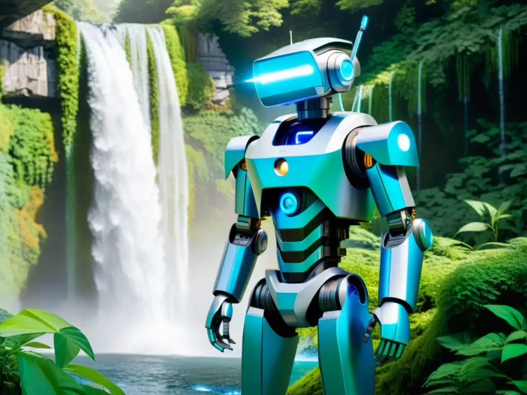 Un robot futurista en un exuberante bosque, con detalles metálicos y líneas de energía azul