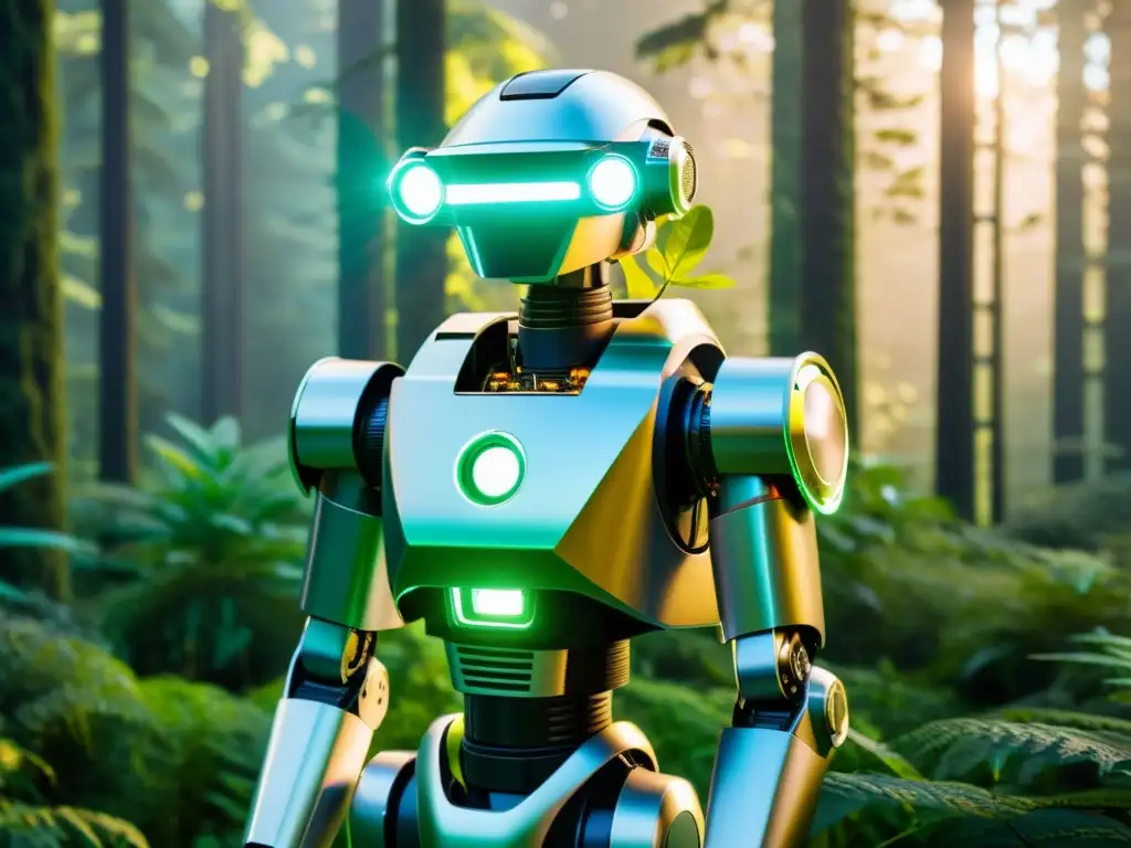 Un robot futurista en un exuberante bosque, generando una poderosa reflexión sobre el impacto ambiental de la robótica