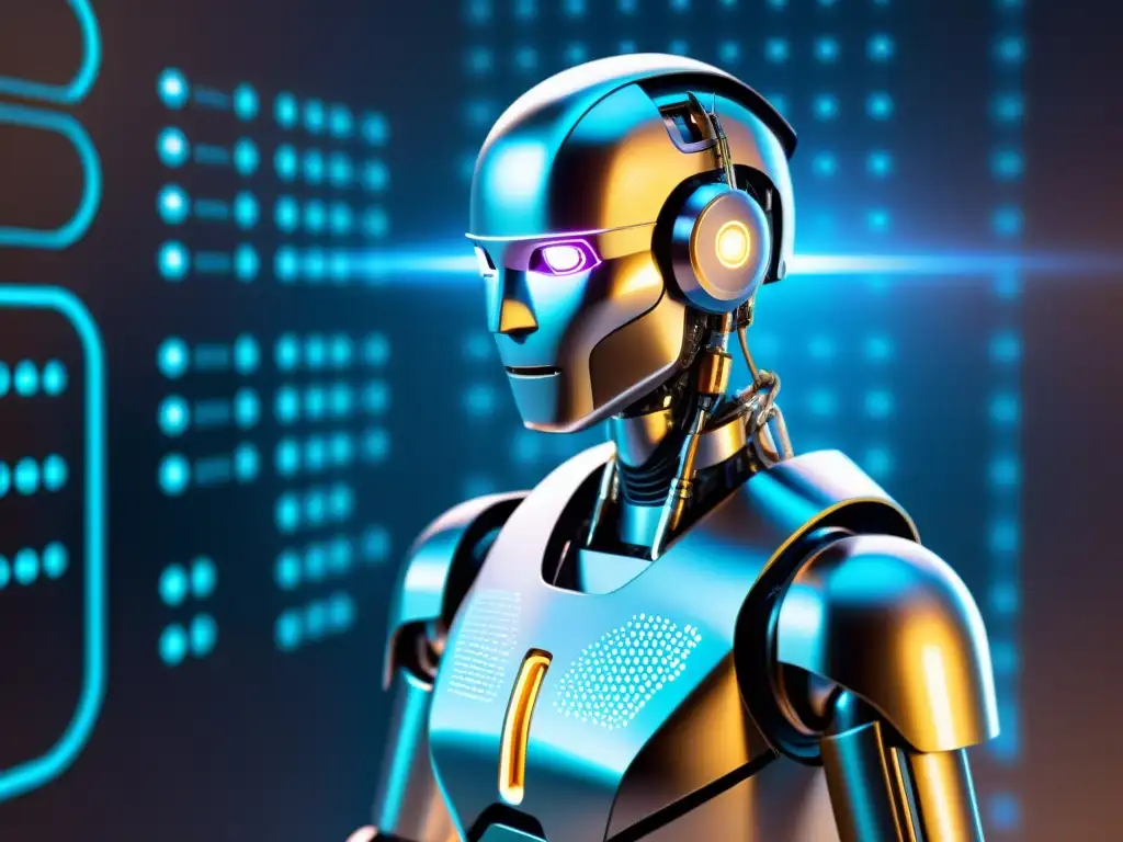 Un robot futurista frente a un holograma de algoritmos autodidactas en máquinas