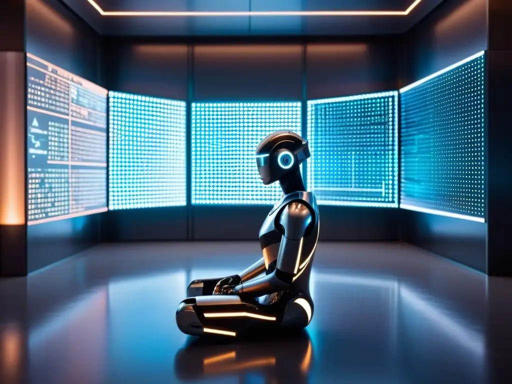 Un robot futurista en una habitación minimalista llena de pantallas brillantes muestra algoritmos autodidactas en máquinas