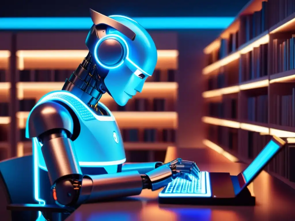 Robot escritor crea narrativa futurista en estudio hightech Un robot humanoide futurista escribe una narrativa generada por IA literatura en un estudio de alta tecnología, rodeado de libros