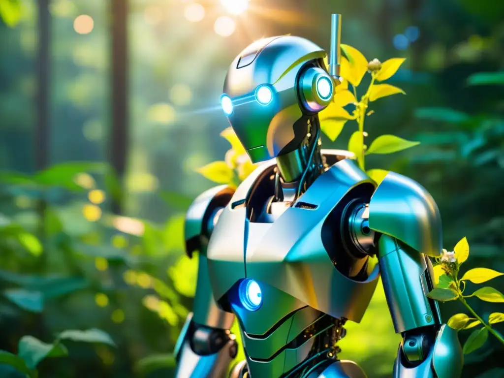 Robot futurista en el bosque: fusión de naturaleza y tecnología Un robot futurista se fusiona con la naturaleza en un bosque exuberante, mostrando armonía entre lo orgánico y lo artificial