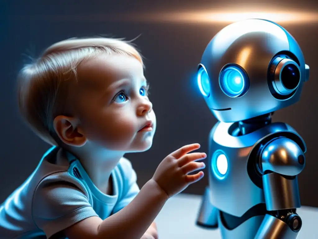 Un robot futurista con ojos azules brillantes toca suavemente la mejilla de un niño, transmitiendo la importancia de las emociones en robots