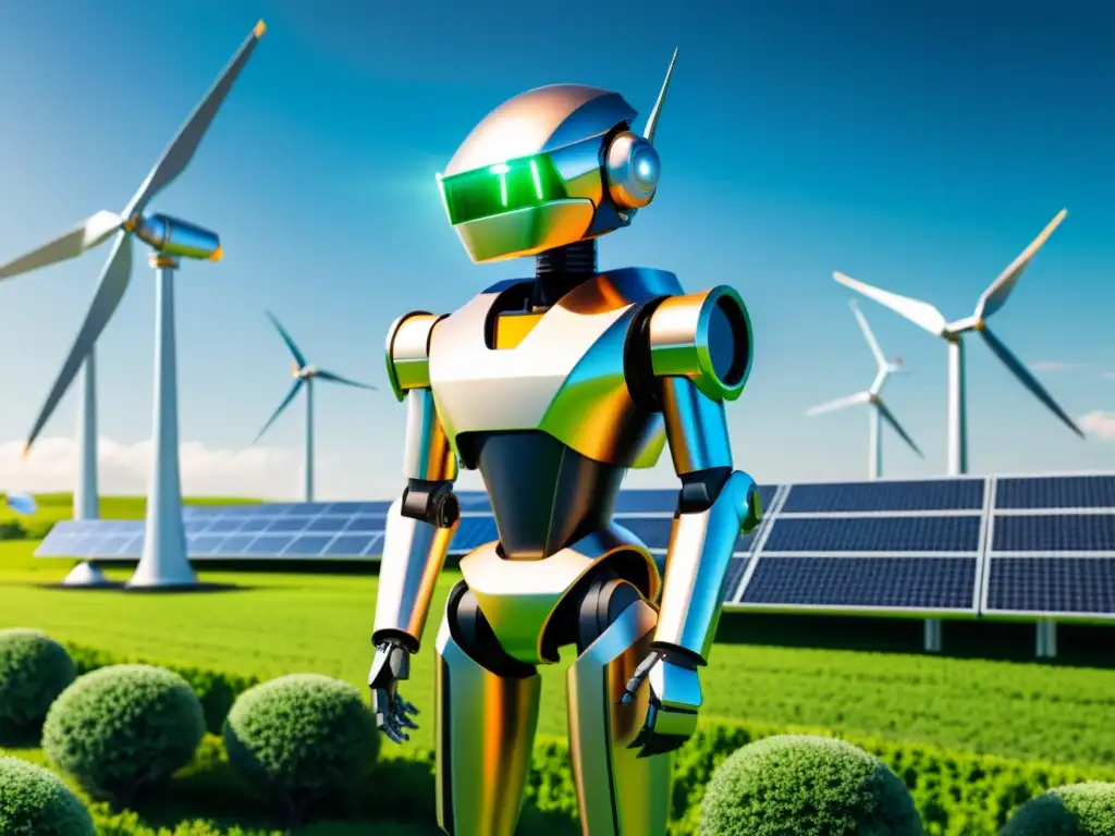 Robot futurista en paisaje verde con energía renovable, innovación tecnológica y cambio climático