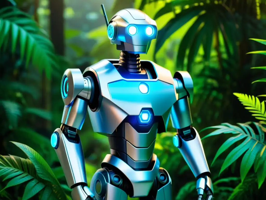 Un robot futurista plateado con detalles azules brillantes se yergue en medio de una exuberante selva lluviosa