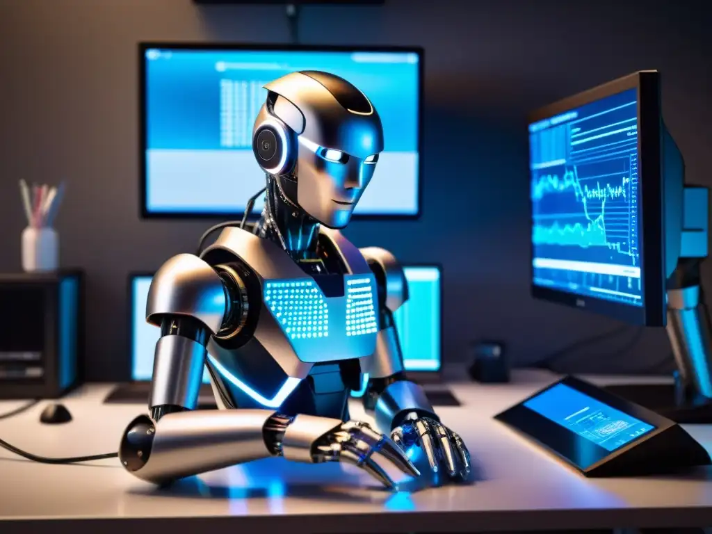 Un robot humanoide futurista se concentra en programación compleja en un entorno de alta tecnología