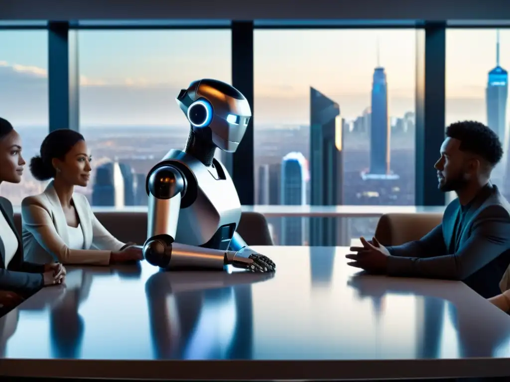 Un robot futurista con rostro humano se sienta en una mesa con humanos diversos, discutiendo animadamente