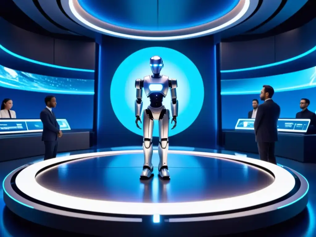 Un robot AI futurista se destaca en un set de película, rodeado de hologramas y cineastas debatiendo 'Impacto IA en narrativa cinematográfica'