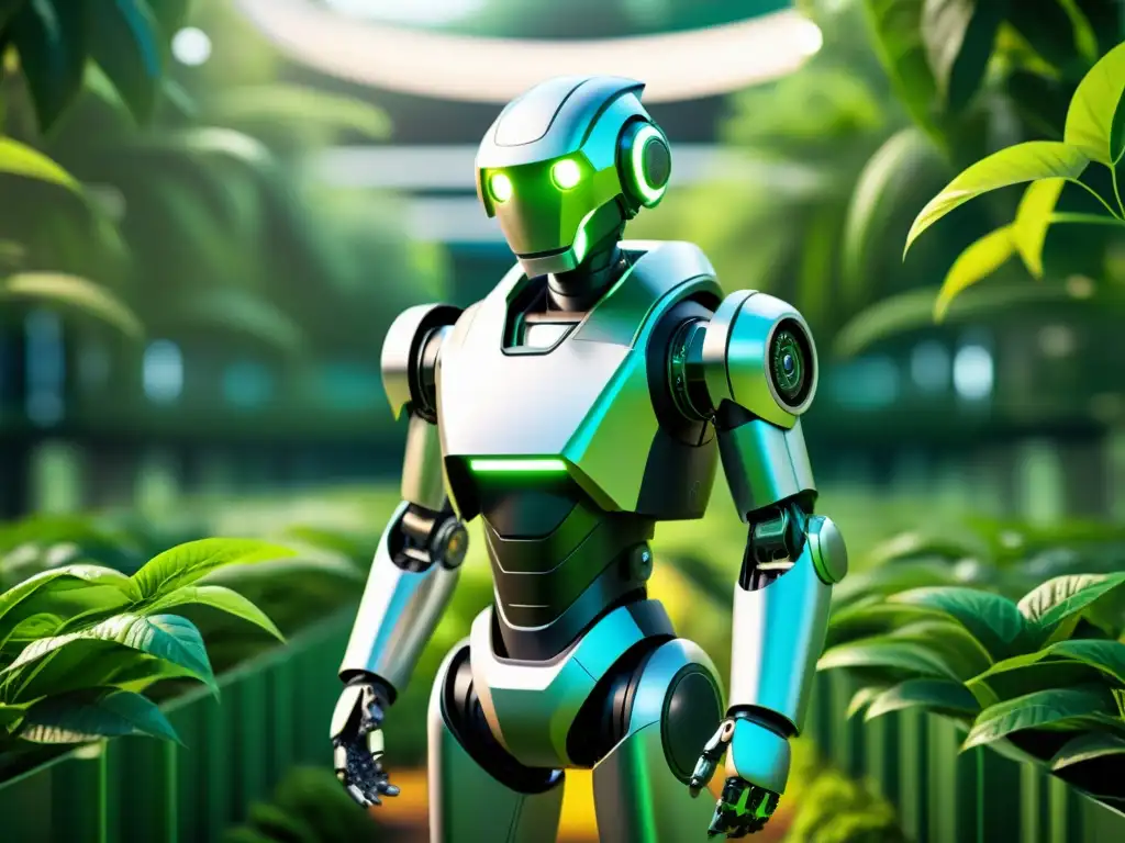Robot sostenible en entorno verde: futuro prometedor Un robot futurista y sostenible trabaja en un entorno verde, rodeado de plantas