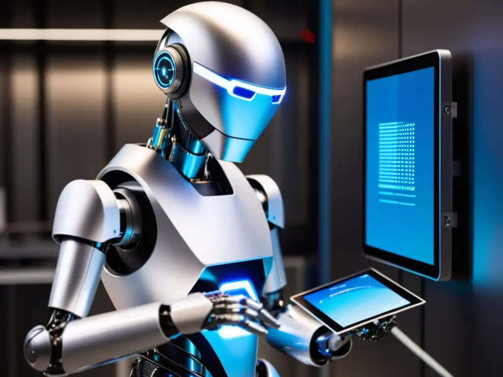 Un robot humanoide futurista programando con tablet en laboratorio de robótica avanzada