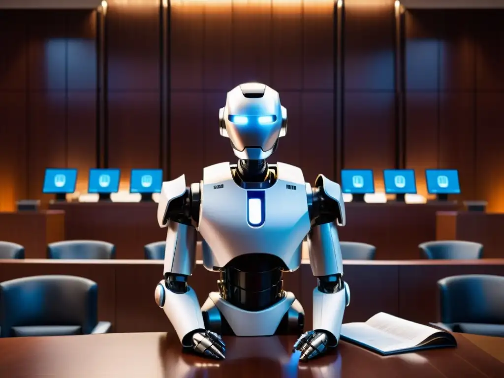 Un robot futurista en un tribunal rodeado de abogados y jueces, con pantallas digitales mostrando documentos legales y visualizaciones de datos