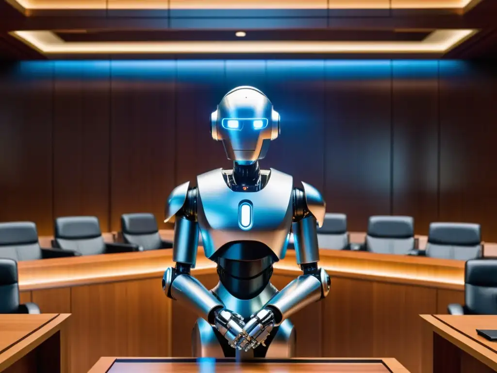 Robot futurista en tribunal rodeado de jueces y abogados, desplegando la responsabilidad legal de la IA