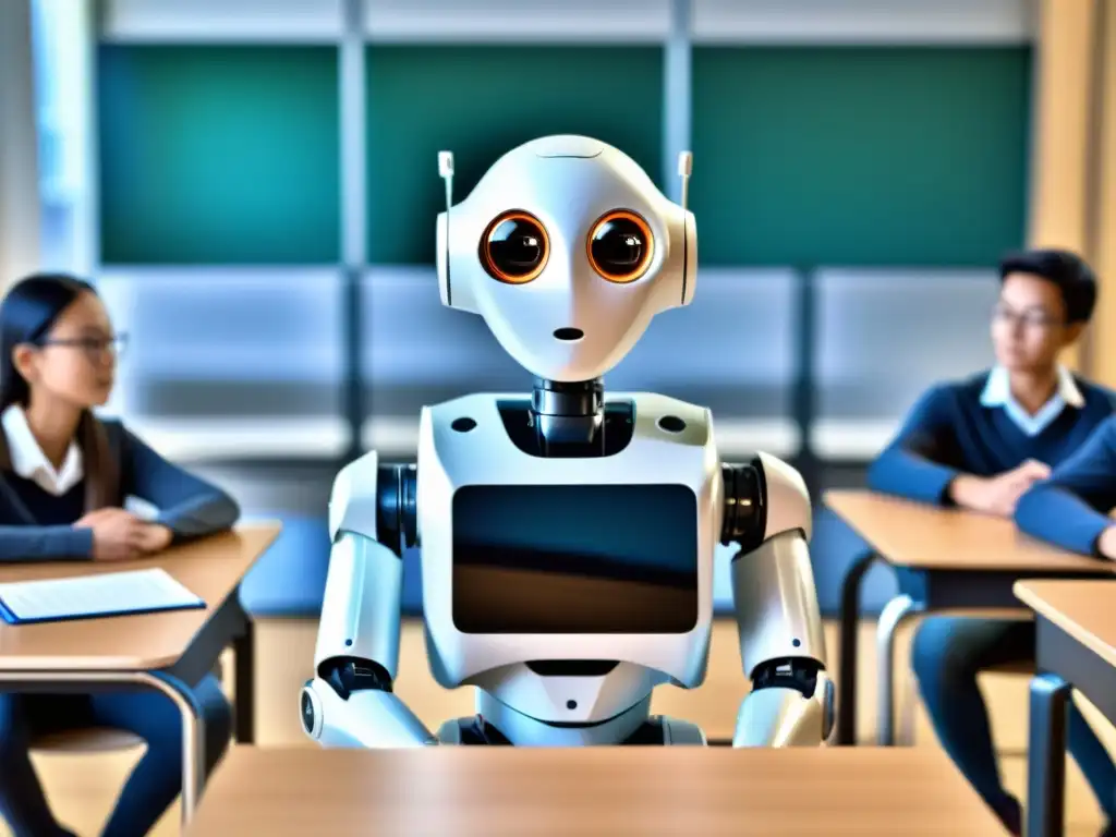 Un robot humanoide participa activamente en una clase junto a estudiantes humanos, demostrando curiosidad y compromiso