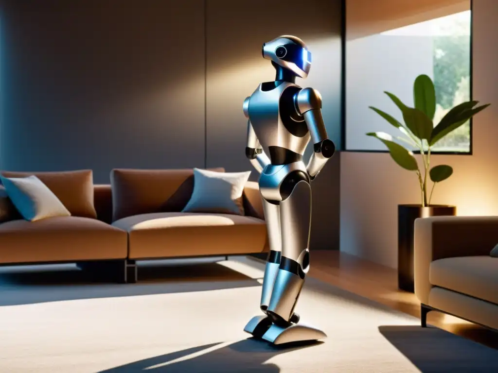 Robot doméstico futurista en interacción familiar Un robot humanoide moderno y elegante interactúa con una familia en una sala iluminada por el sol