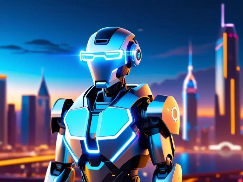 Un robot humanoide moderno y elegante frente a una ciudad futurista con luces de neón brillantes y superficies reflectantes