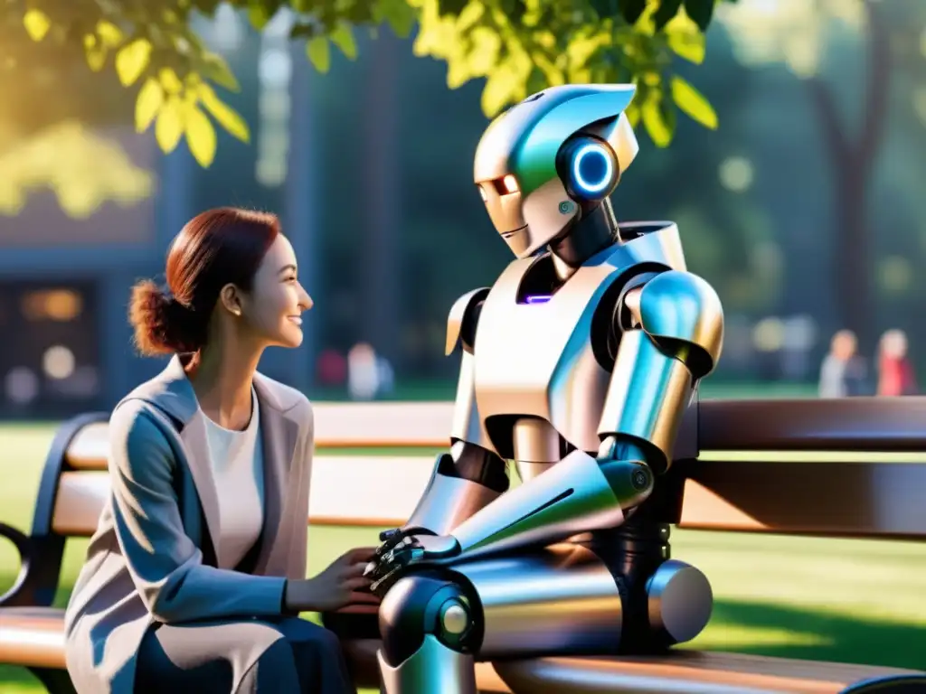 Un robot humanoide moderno reconforta a una persona en un banco del parque, mostrando empatía