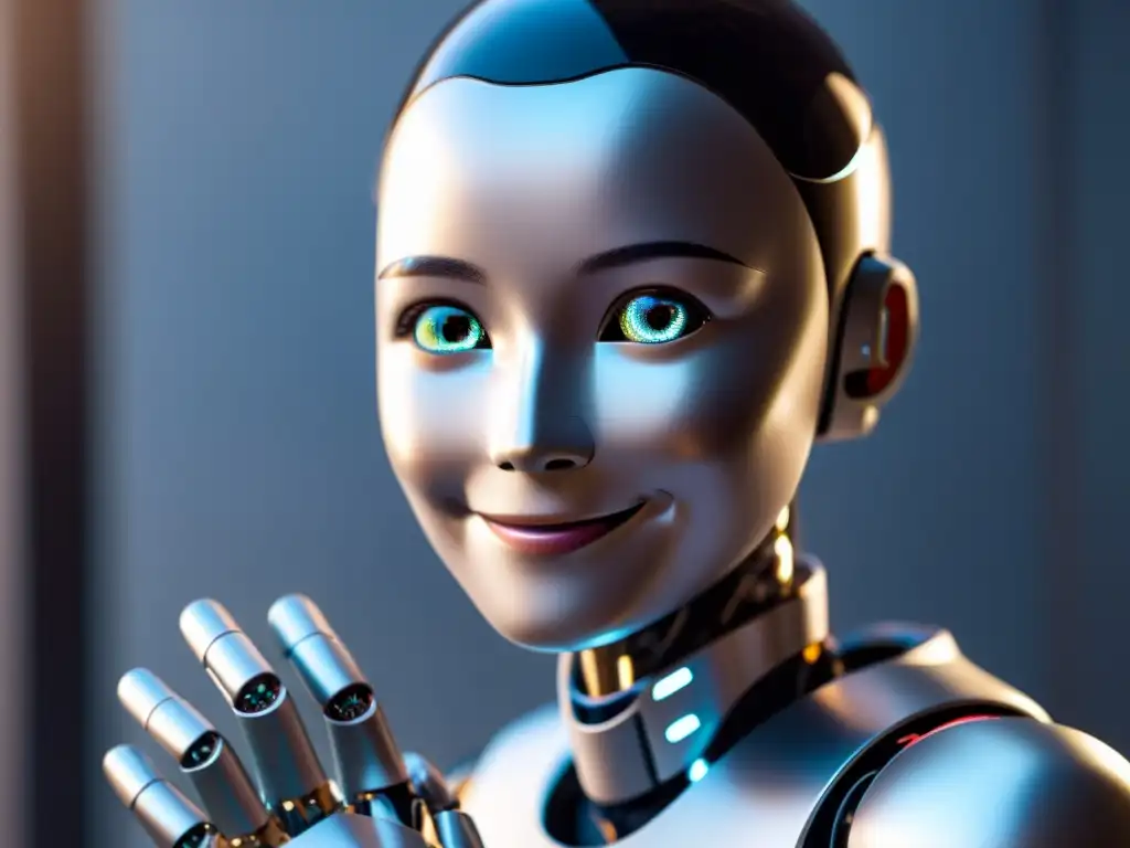 Un robot humanoide con ojos expresivos y sonrisa compasiva, conectando emocionalmente con una persona en un entorno urbano futurista