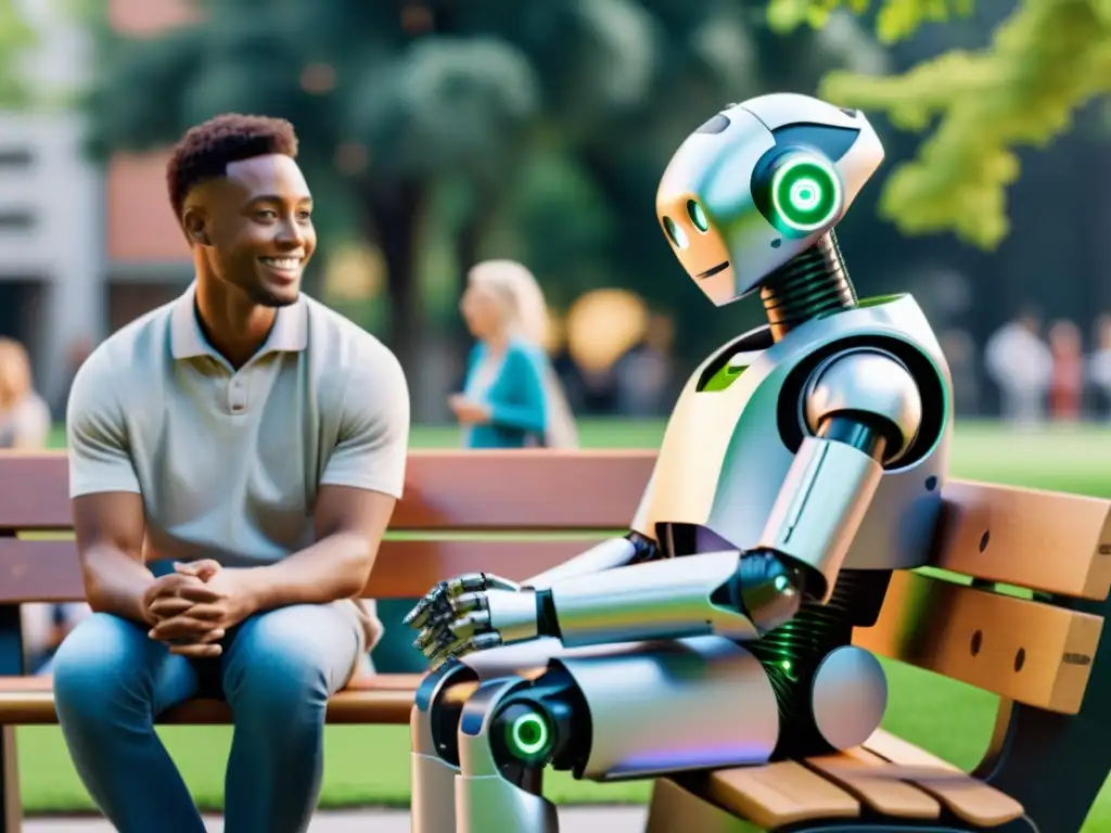 Un robot humanoide interactúa amigablemente con personas en un parque urbano, transmitiendo la armonía entre humanos y robots en un entorno social inclusivo