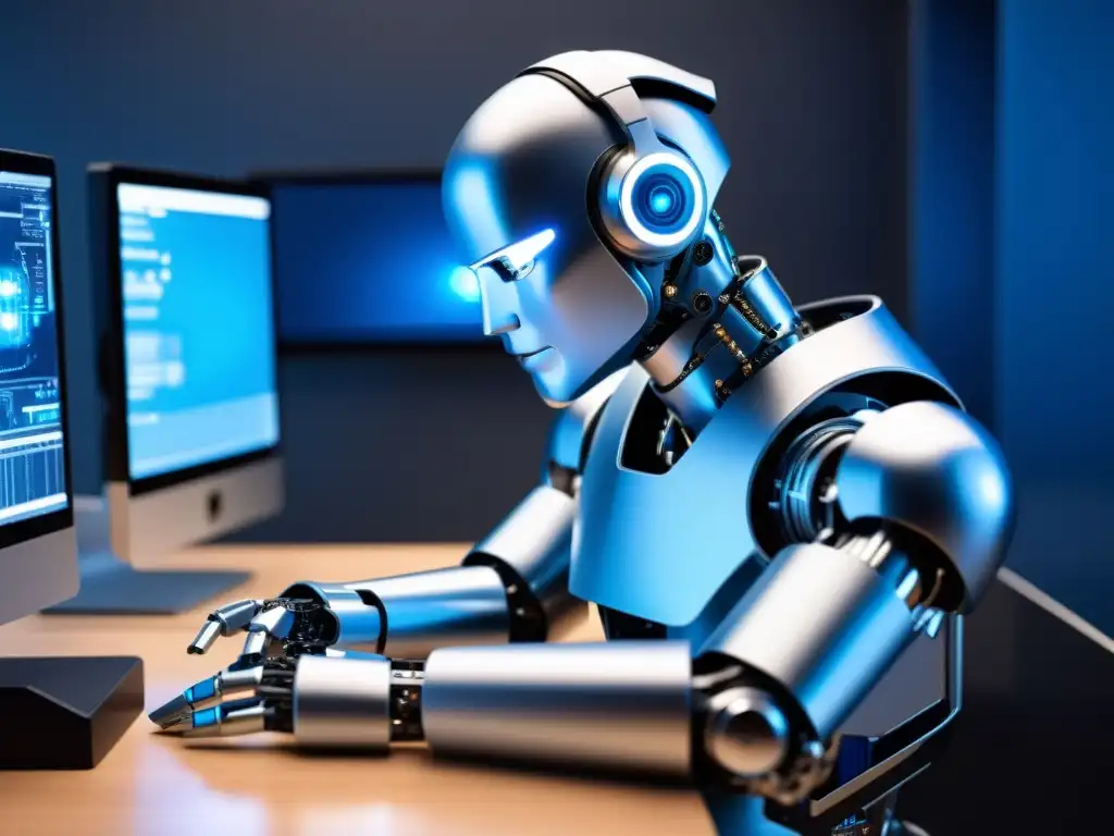 Un robot humanoide reflexivo enseñando programación a robots para tareas complejas en un espacio tecnológico futurista y sereno