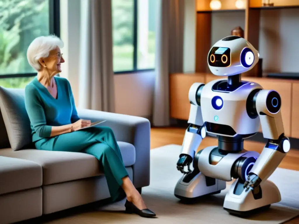 Un robot de IA en cuidado de ancianos brinda apoyo compasivo en un acogedor salón, mostrando una interacción cálida y confiable