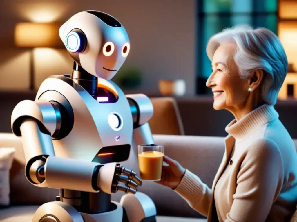 Un robot de IA en cuidado de ancianos entrega una taza de té a una persona mayor en un acogedor salón, creando un ambiente de confianza y compañerismo