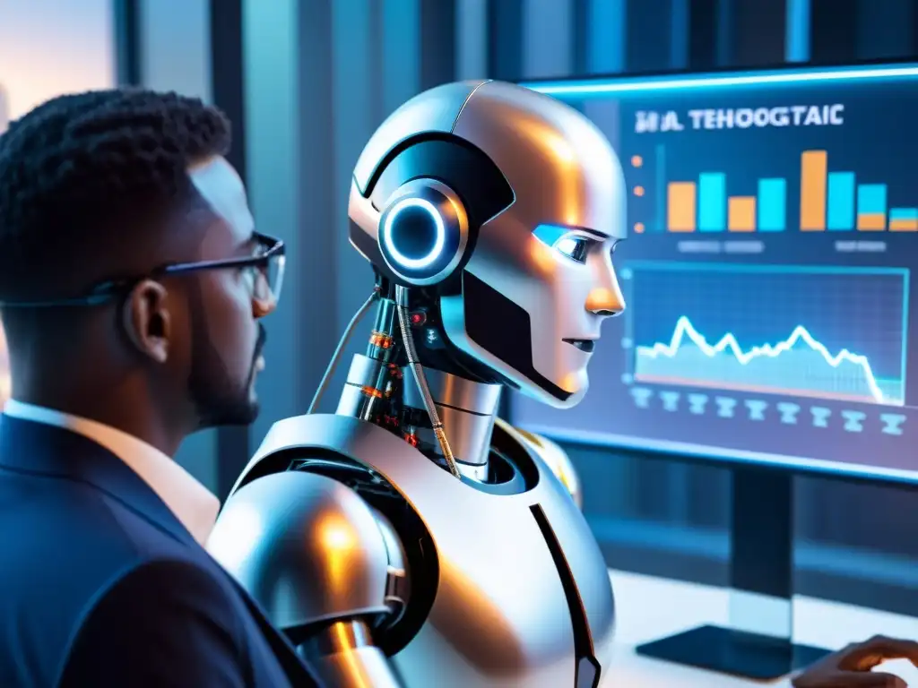 Inteligencia artificial revoluciona el marketing Un robot de IA futurista analiza datos en una interfaz digital, rodeado de profesionales de marketing y ventas impresionados