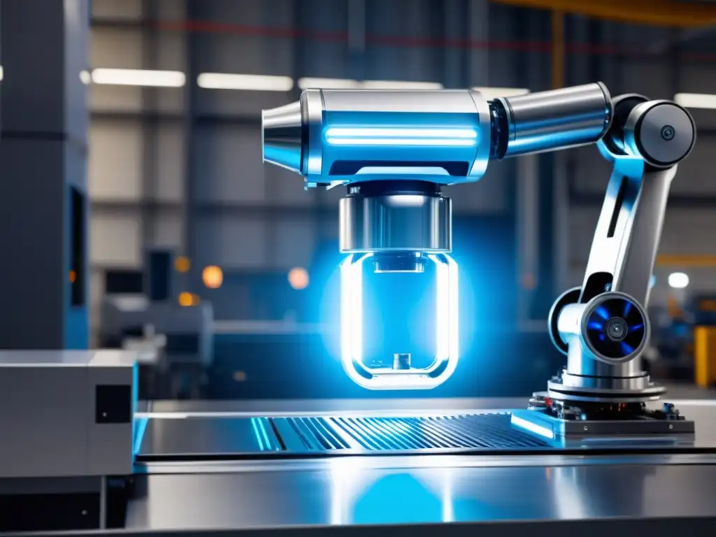 Un robot industrial moderno y elegante con un exterior cromado y luces LED azules, rodeado de maquinaria avanzada en una fábrica futurista