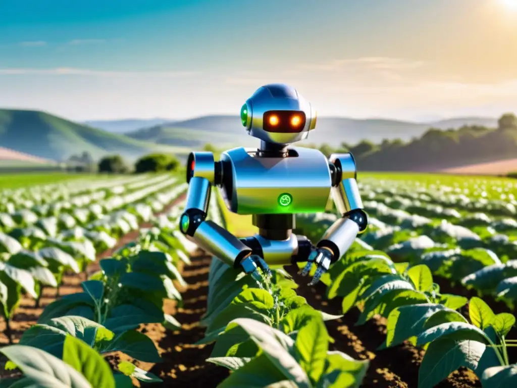 Robot de agricultura orgánica inteligente cuidando cultivos en un campo soleado, fusionando tecnología y naturaleza