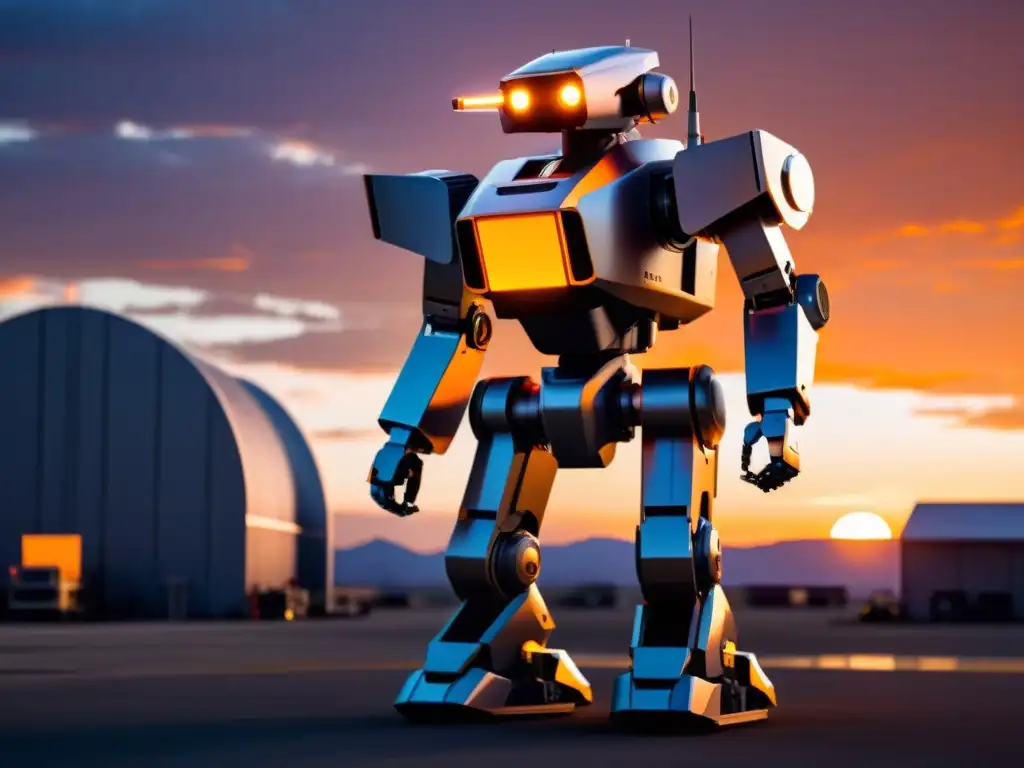 Un robot militar futurista destaca en una base de alta tecnología, con un dramático atardecer