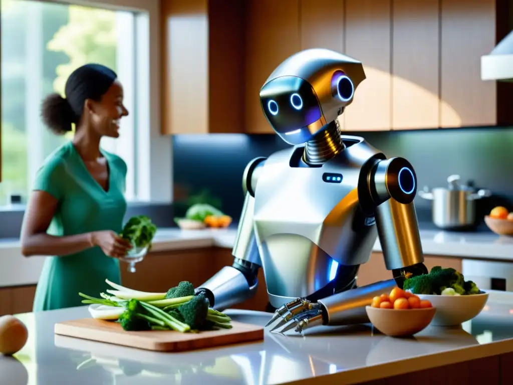 Un robot moderno prepara comida en una cocina soleada, mientras una familia sonríe y charla en la mesa