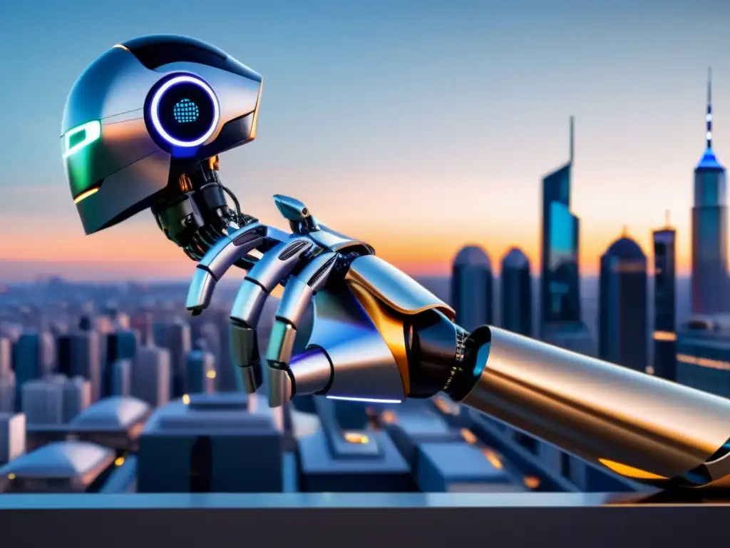 Un robot moderno y compasivo con diseño cutting-edge alcanza la mano de una persona en un entorno urbano futurista, demostrando empatía