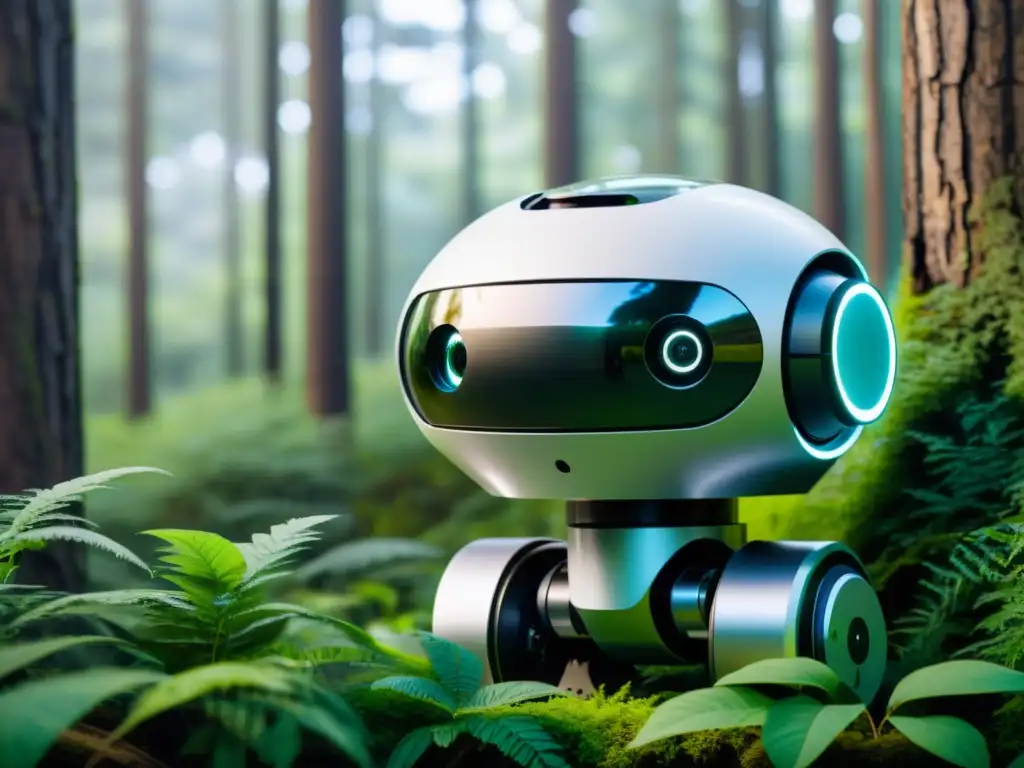 Un robot moderno recorre con cuidado un exuberante bosque, destacando la fusión de tecnología y conservación de ecosistemas