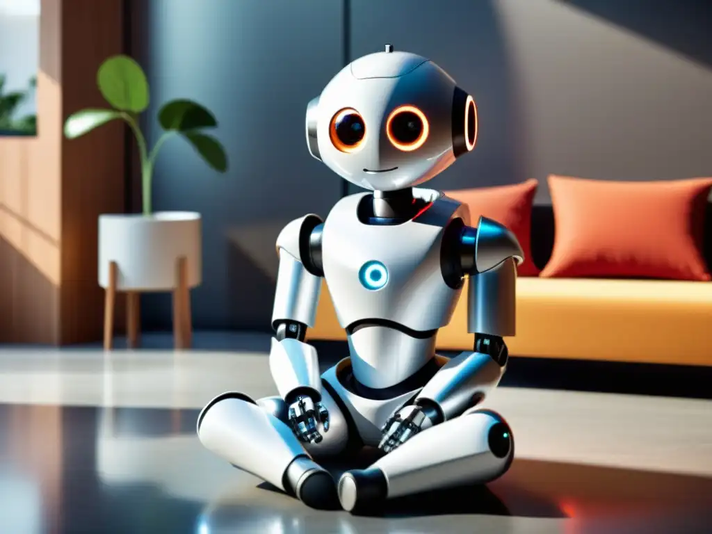 Un robot moderno con diseño de robots con empatía interactúa con humanos en un ambiente acogedor y cálido, transmitiendo empatía y comprensión