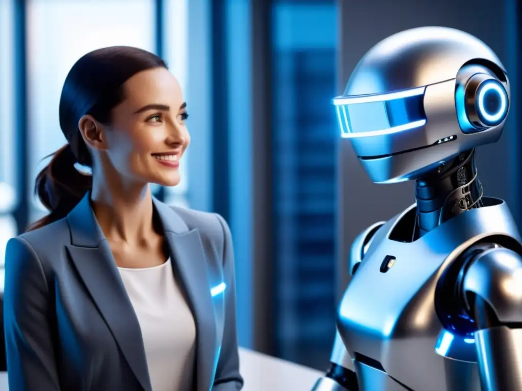 Un robot moderno y una mujer sonriente en una oficina futurista, mostrando la armonía entre humanos y tecnologías emergentes en compañía de robots