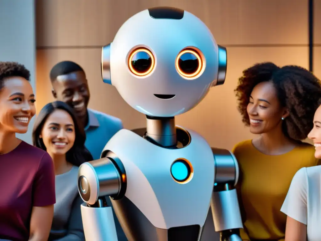 Un robot moderno interactúa con personas diversas, mostrando empatía e inteligencia emocional