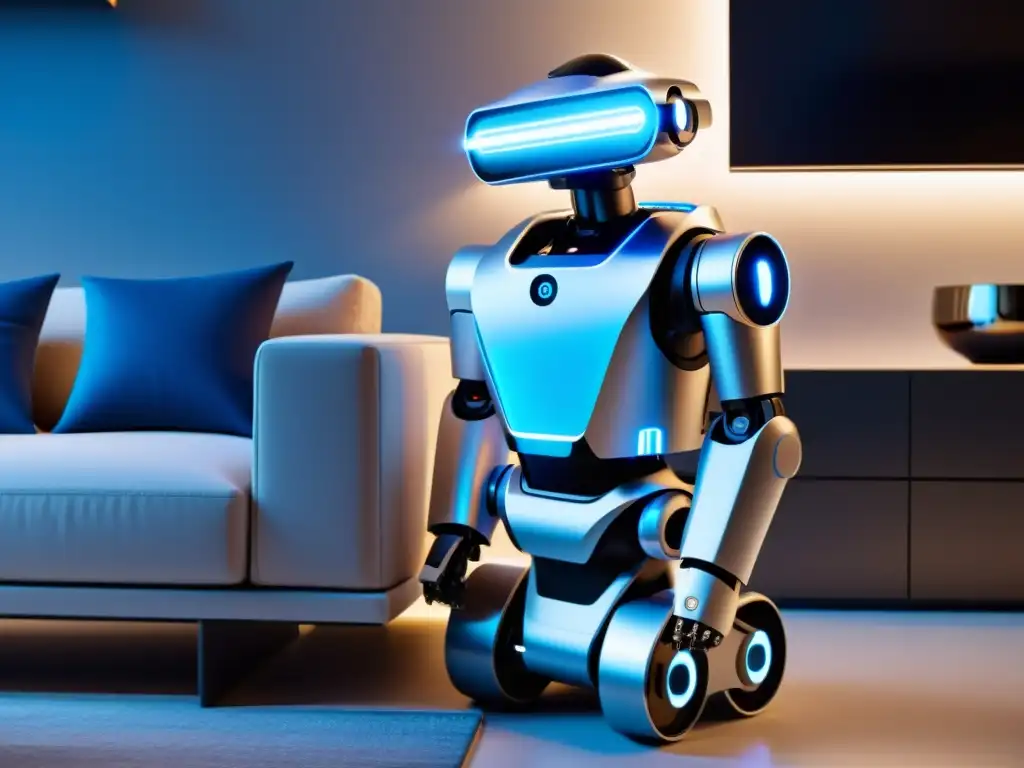 Robot doméstico futurista en sala minimalista Un robot personal futurista asiste en tareas cotidianas en un hogar minimalista