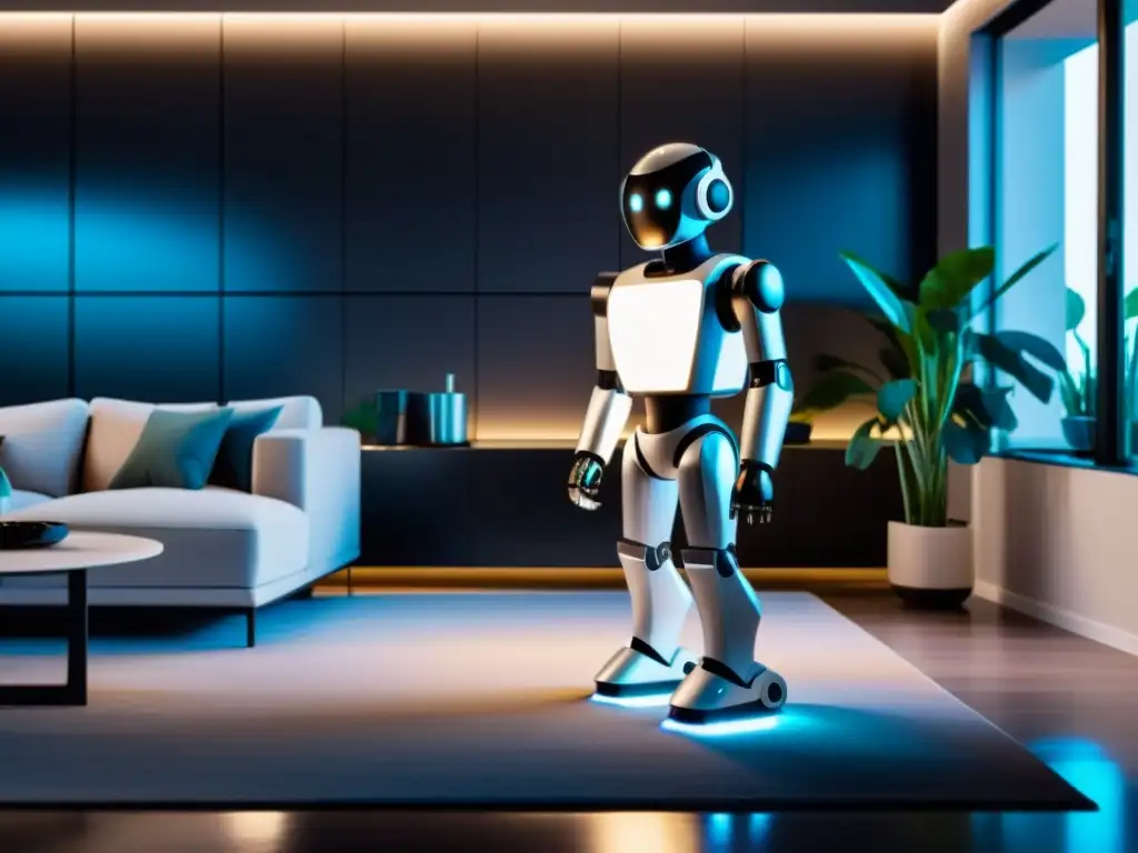 Robot doméstico futurista en sala minimalista Un robot personal para el hogar futurista realiza tareas en una sala minimalista y moderna