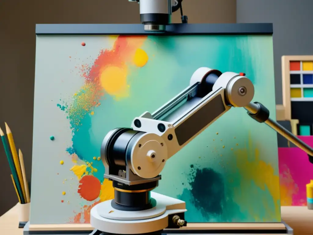 Un robot de IA crea una pintura clásica con colores vibrantes y pinceladas detalladas, rodeado de suministros artísticos