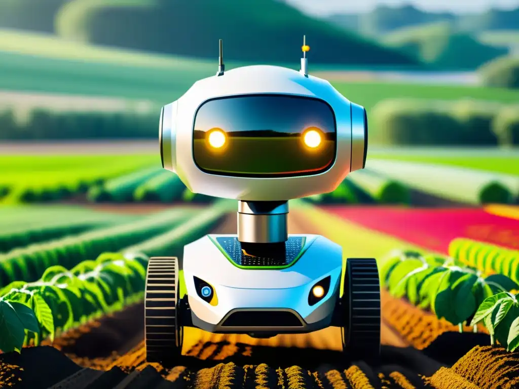 Un robot plantador de alta tecnología en acción en un campo verde exuberante, mostrando innovación y eficiencia en la agricultura moderna