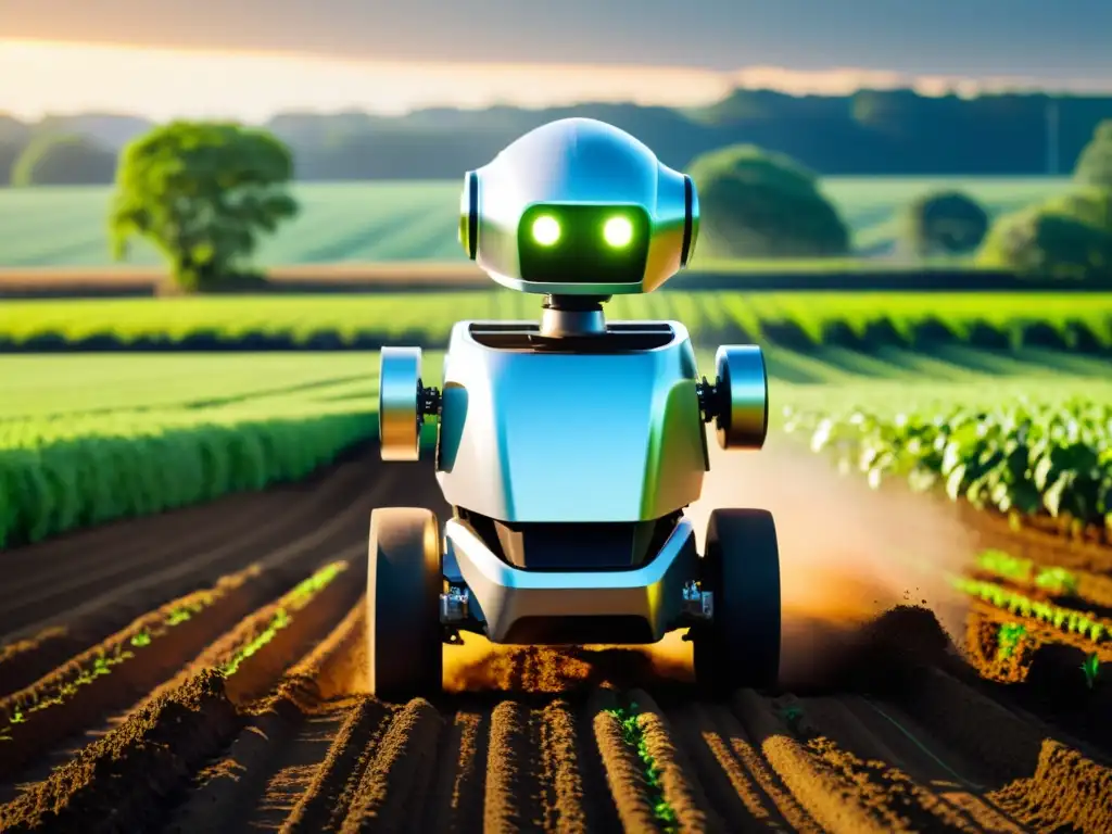 Un robot plantador de última generación en un campo agrícola exuberante, cultura visual de innovación y tecnología agrícola