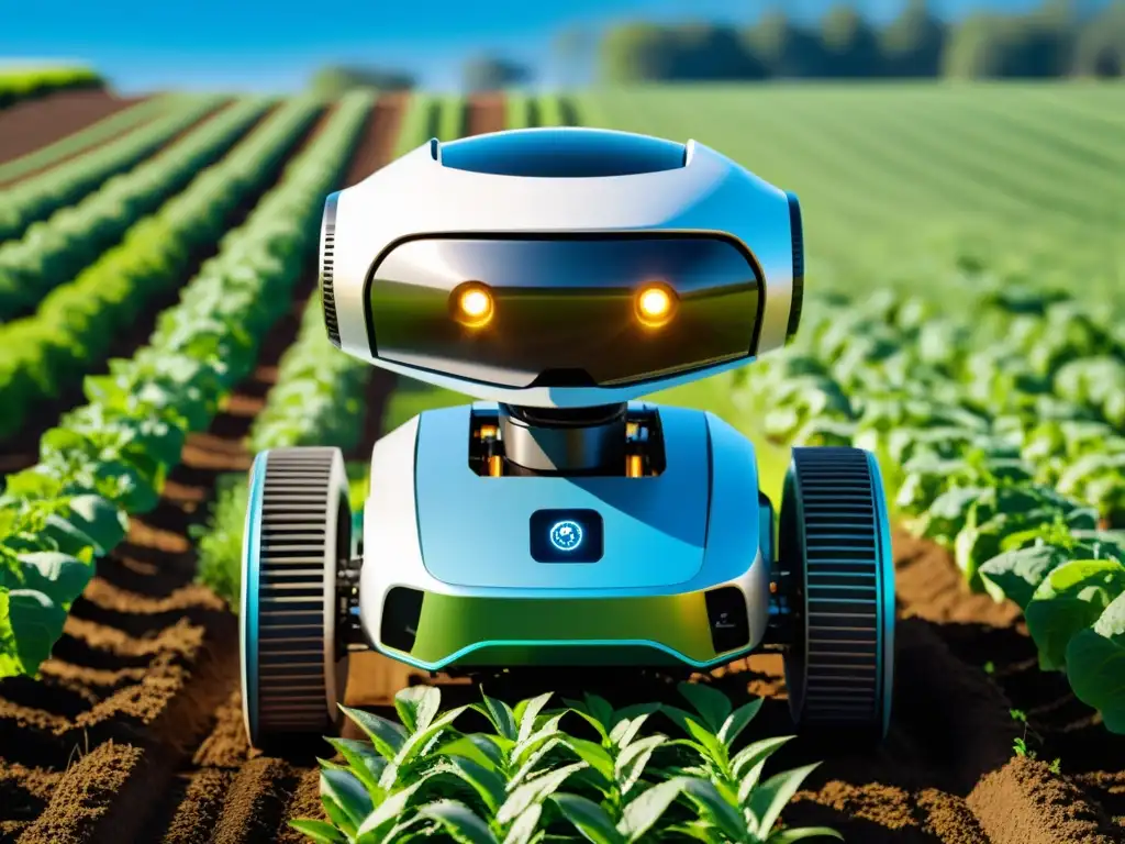 Un robot plantador de tecnología agrícola en un campo verde, bajo un cielo azul