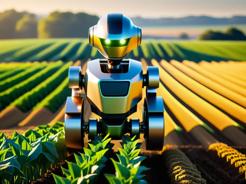 Un robot plantador tecnológico trabaja en un campo agrícola, rodeado de cultivos perfectamente alineados bajo la cálida luz dorada