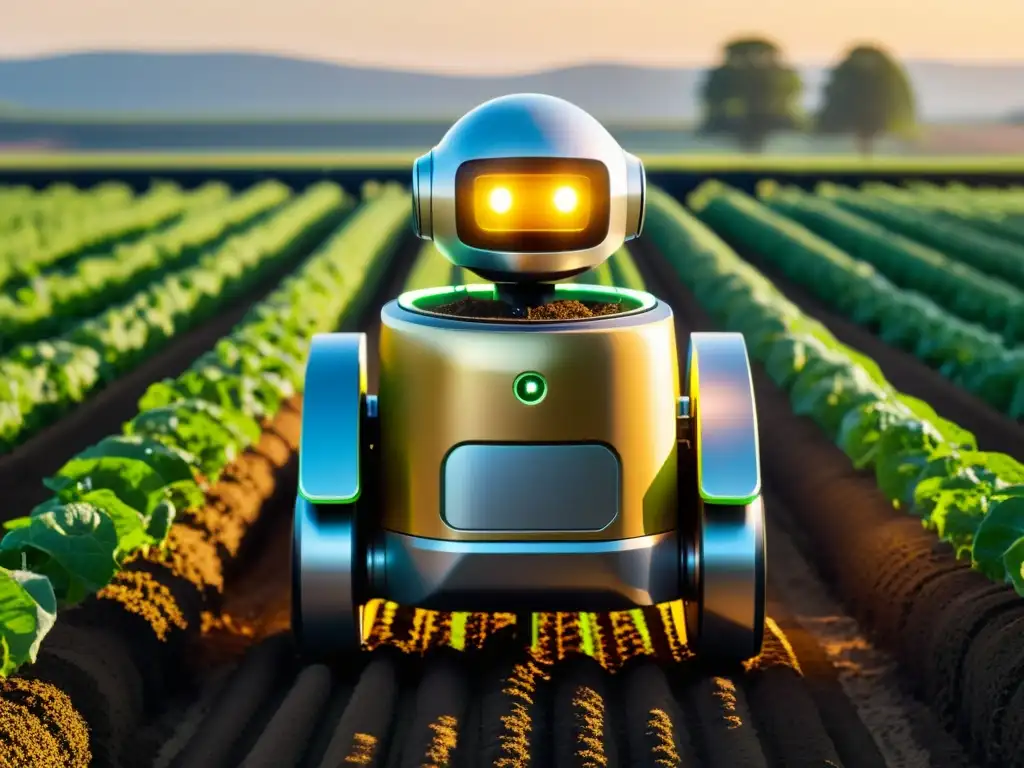 Un robot plantador tecnológico en acción en un campo vibrante, fusionando lo moderno con lo tradicional