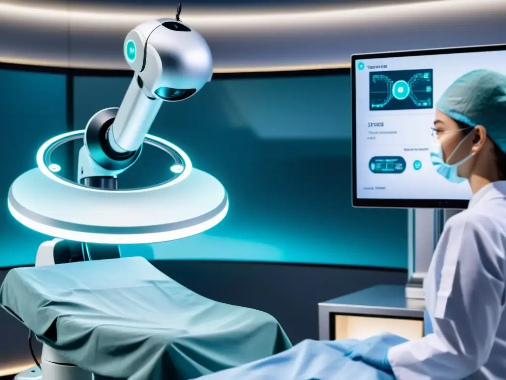 Un robot quirúrgico de vanguardia controlado a distancia por un cirujano, con tecnología 5G en el fondo, ilustrando las cirugías a distancia con 5G en medicina