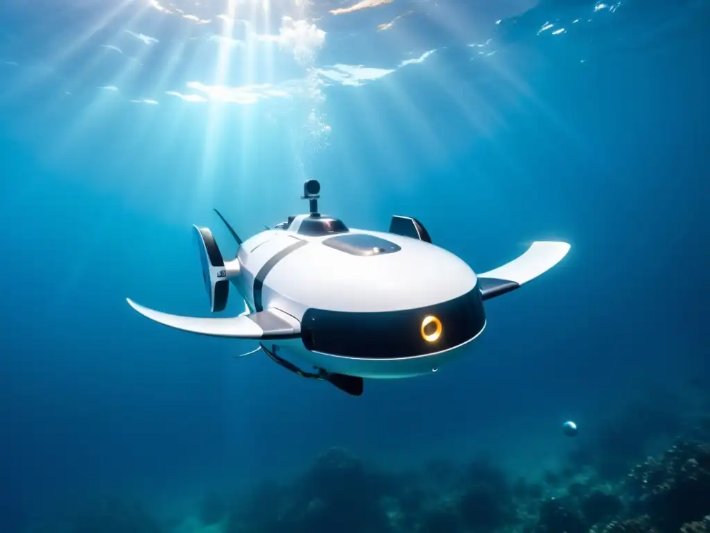 Robot submarino futurista explorando aguas cristalinas Robot autónomo de exploración submarina deslizándose elegantemente entre aguas cristalinas, junto a una colorida escuela de peces