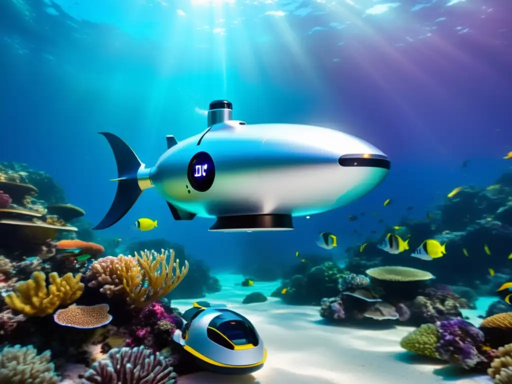 Exploración submarina: Robot autónomo deslumbrante en arrecife Un robot autónomo de exploración submarina deslizándose entre las aguas cristalinas, rodeado de vida marina vibrante