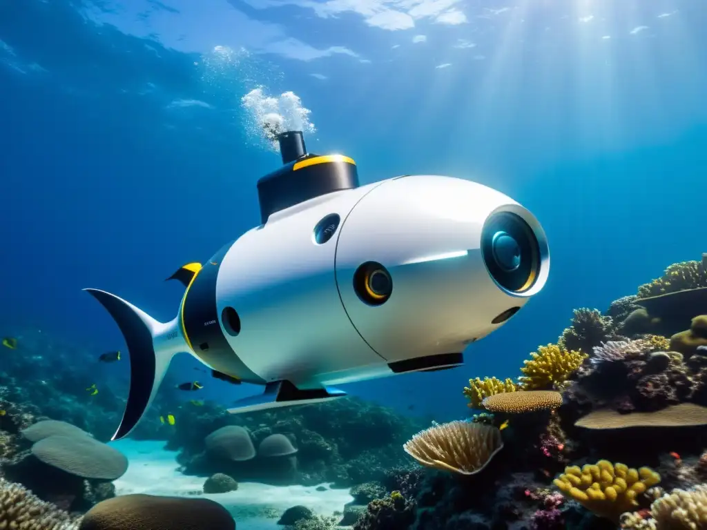 Exploración submarina: robot autónomo en aguas cristalinas Un robot autónomo de exploración submarina surcando las cristalinas aguas oceánicas, reflejando el sol y la vida marina
